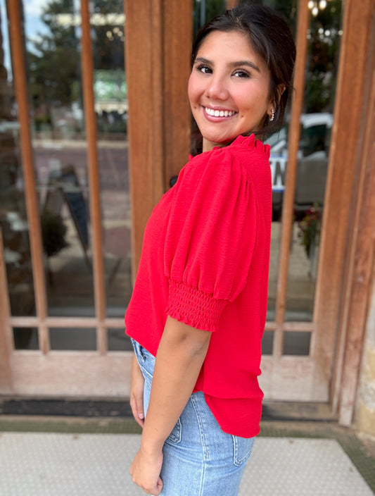 Tops | Jodifl Blouse Red Short Ruffle V Neck With Short Puff Sleeve
