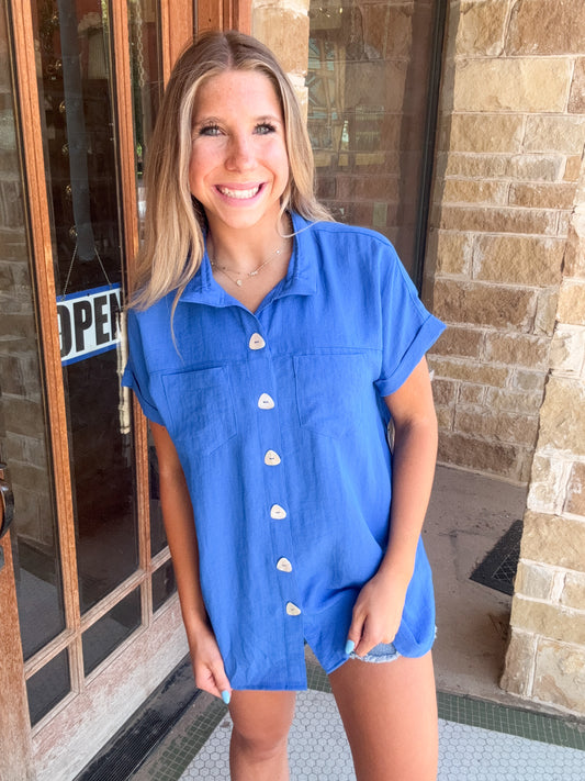 Tops | John Mark Blouse Solid Button Up Top with Wire Collar & Short Sleeves