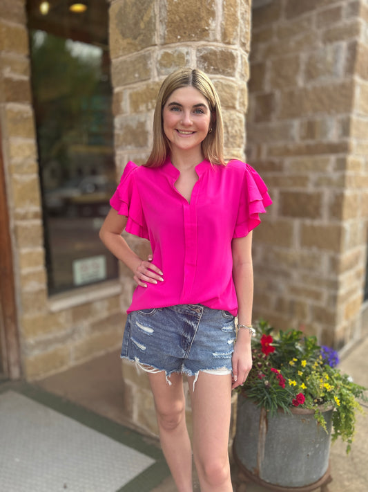 Pink V-Neck Double Layer Ruffle Sleeve Top