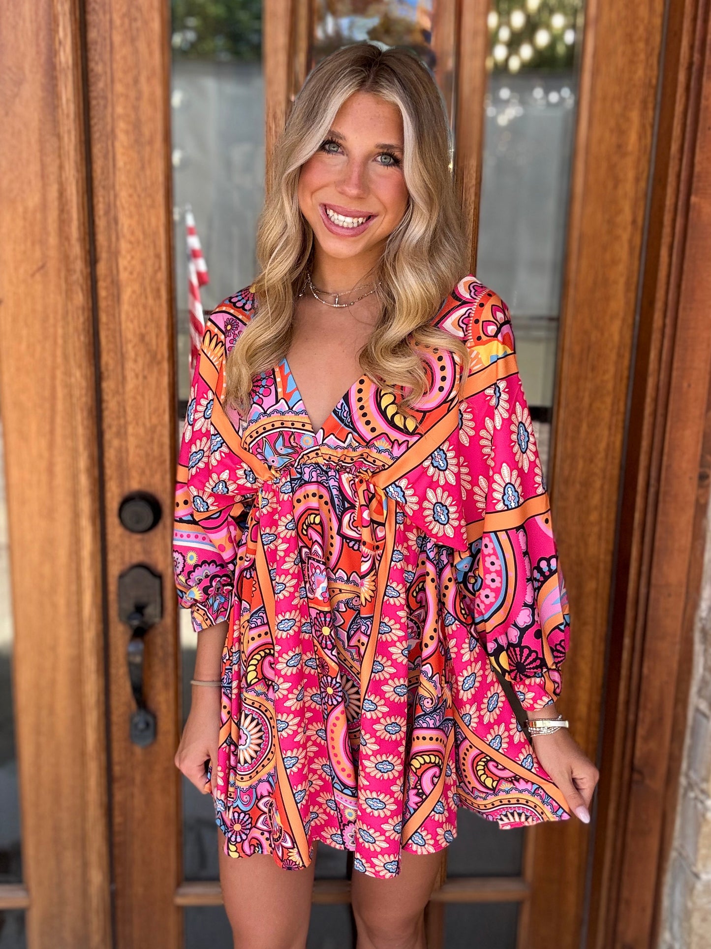 Dress - V-Neck Belted Print