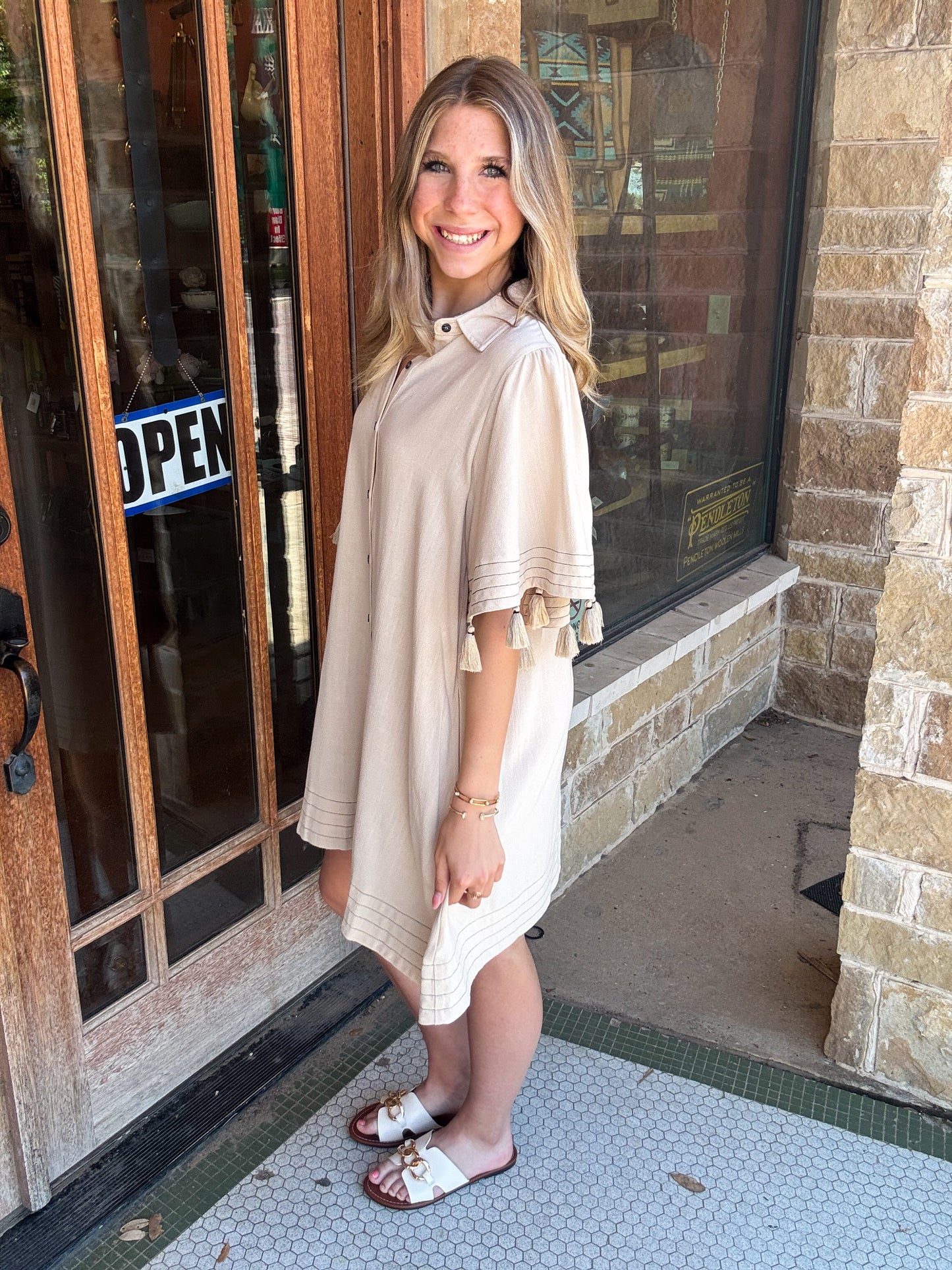Dresses | Shift Dress Khaki Elbow Tassel Hem Button Front Rayon Linen