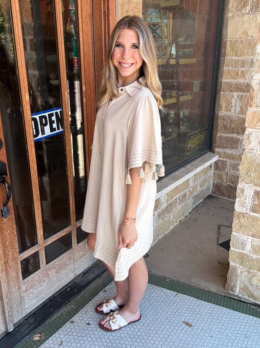 Dresses | Shift Dress Khaki Elbow Tassel Hem Button Front Rayon Linen