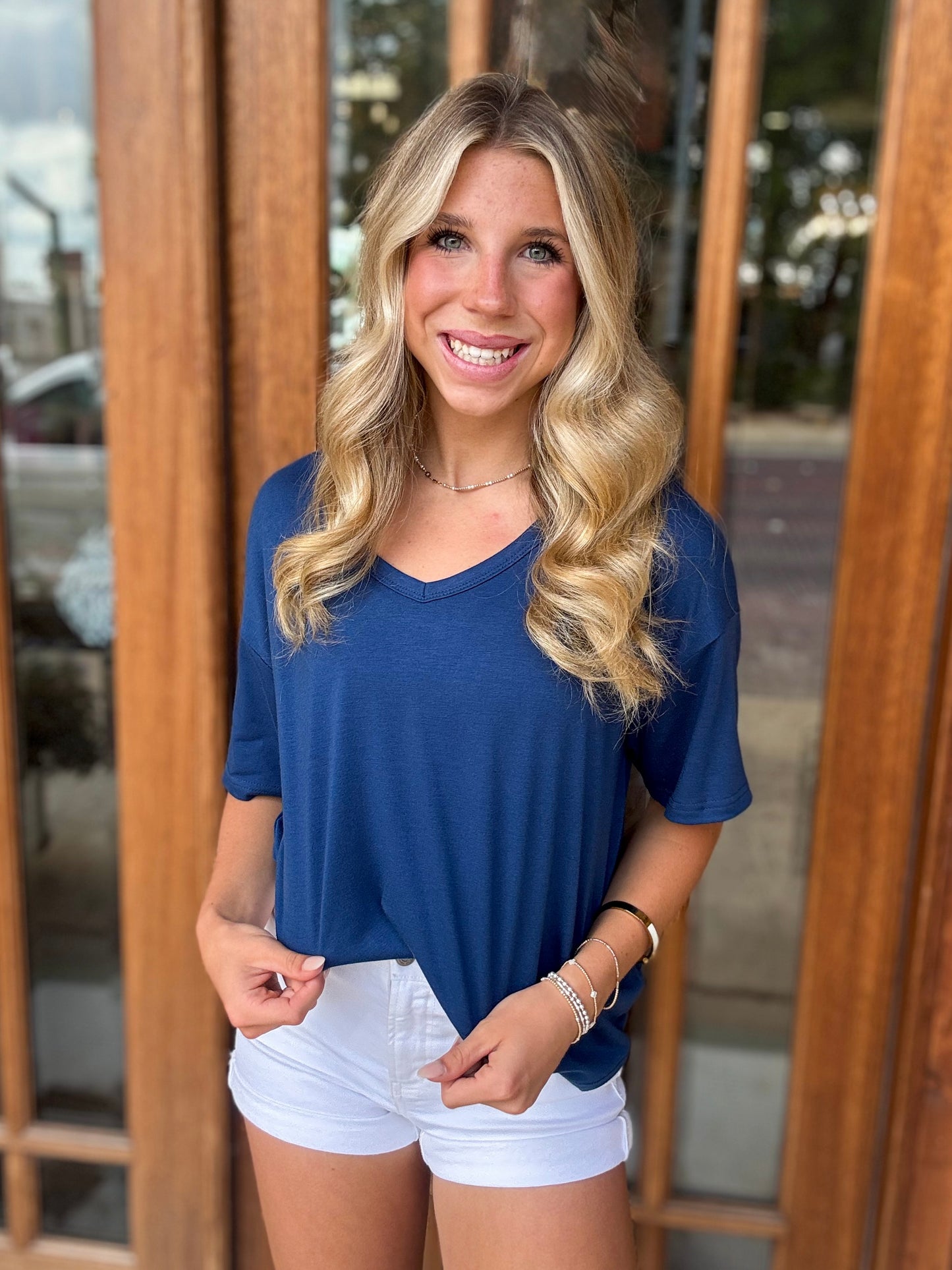 Top - Navy Loose V-Neck