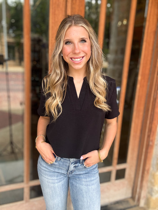Tops | Blouse Satin Black Solid V-Neck