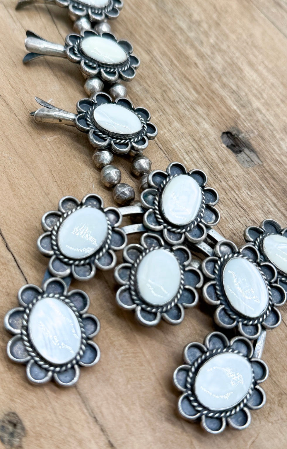 Native American Sterling Sliver Vintage White Pearl Squash Blossom Necklace