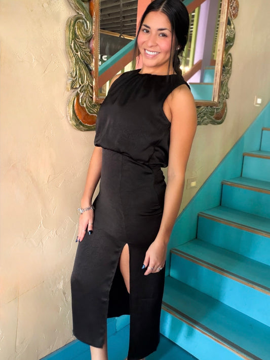Dress - Black Silky Side Slit Midi