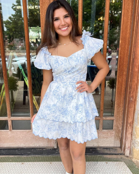 Dresses | Mini Floral Blue Sweetheart Neckline Puff Sleeves Embroidered Scallop Trim Tiers