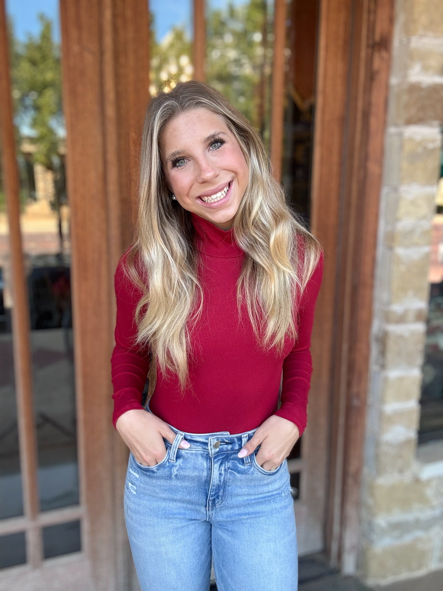Tops | Turtleneck Micro Ribbed Long Sleeve Garnet Red