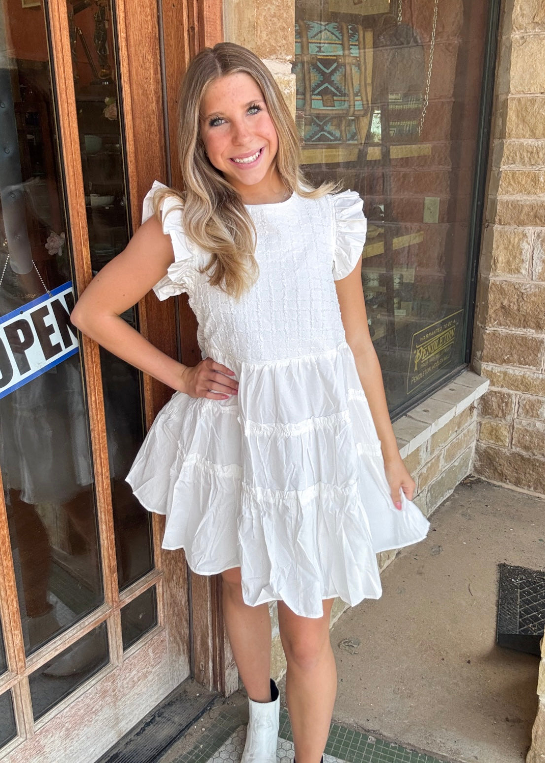White Textured Bodice Tie Back Mini Dress