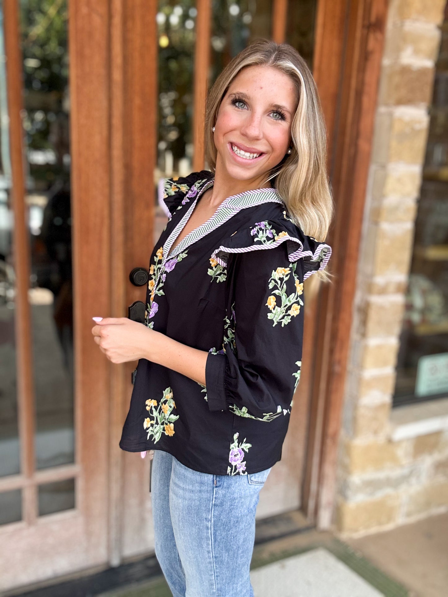 Tops | Black Midnight Garden V-Neck Ruffle Sleeve