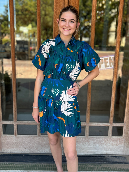 Dress | Midi Hunter Green Abstract Ruffle Sleeve