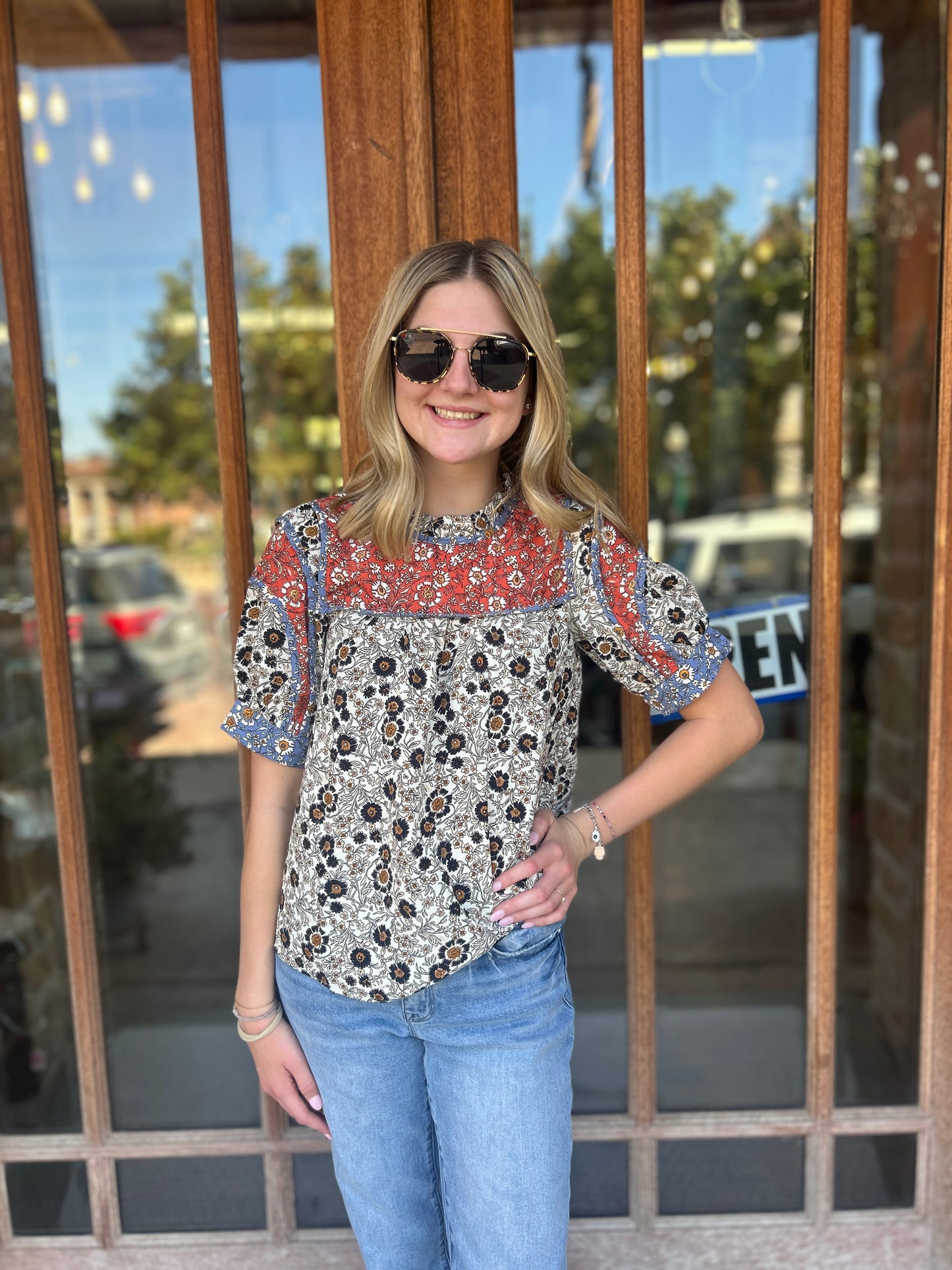 Tops | THML Blouse Cream Multi Flower Short Sleeve Pattern