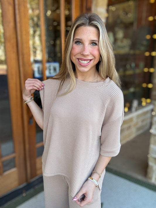 Sets | Ash Mocha Short Sleeve Top & Pants Raised Ribbed