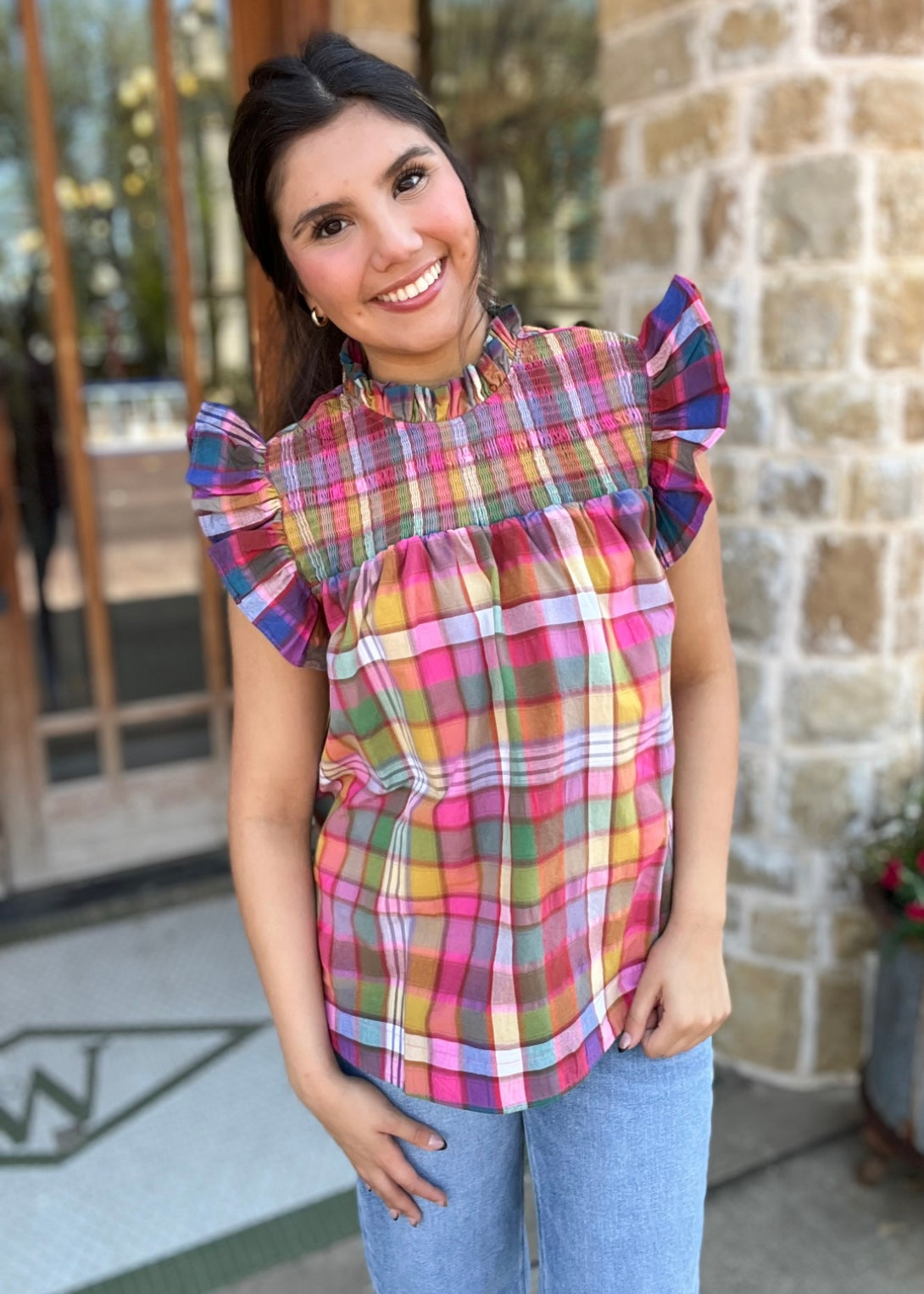 Tops | Blouse Stained Glass Vintage Plaid Ruffle Sleeve Smocked