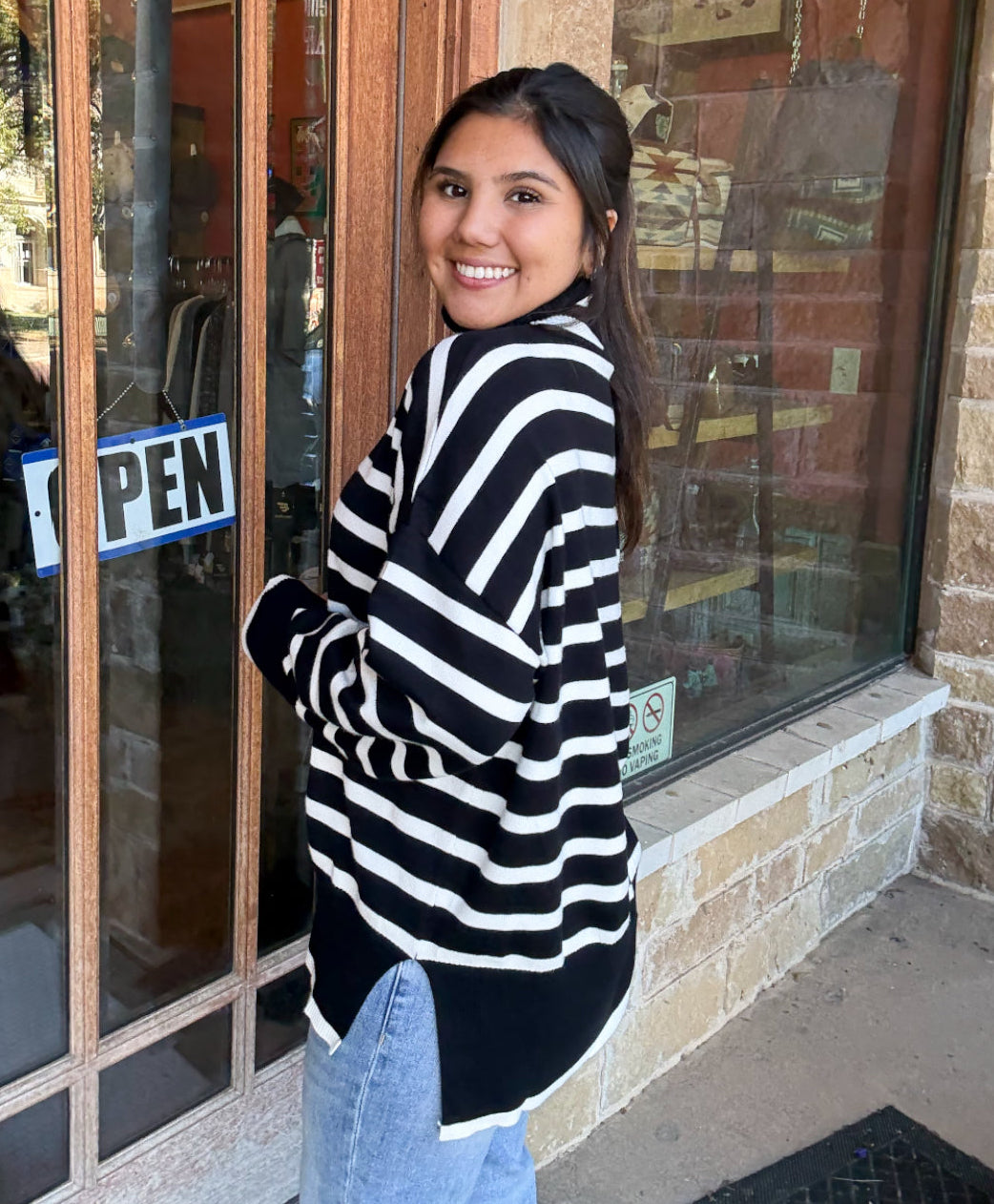 Top | High Low Long Sleeves Split Joint Side Striped High Neck Sweater Tops