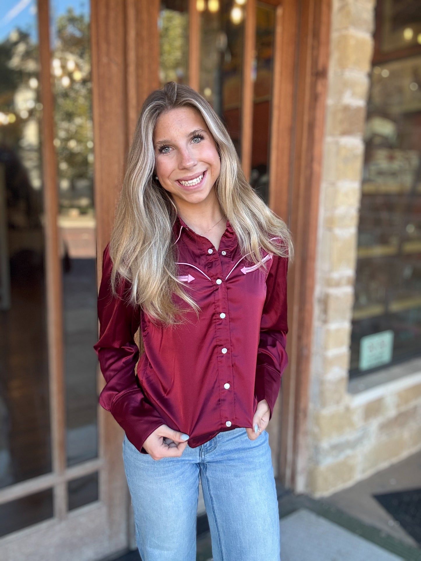 Tops | Blouse Pearl Snap Western Wine/Pink Satin