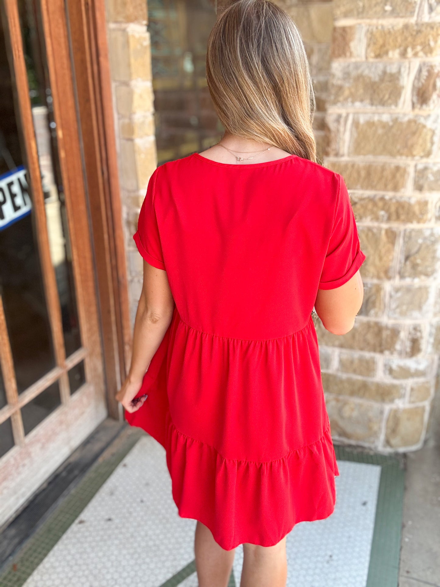 Dresses | Mini Red Woven Swing Dress V-Neck Loose Tired Skirt Short Sleeves