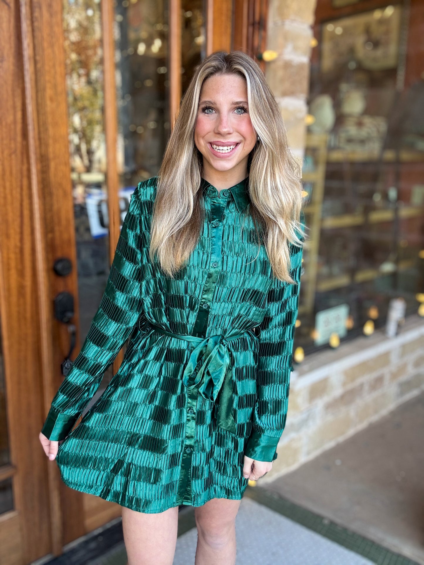 Dress | Mini Forest Shiny Satin Pleated