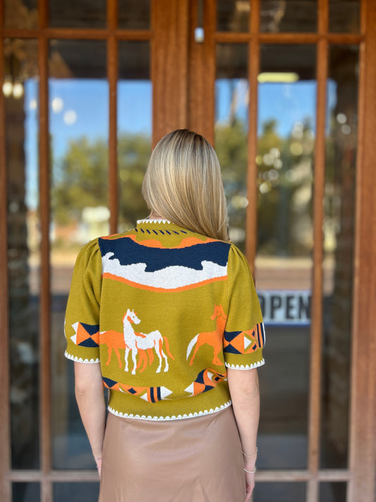 Tops | THML Sweater Short Sleeve Horse Detail Olive