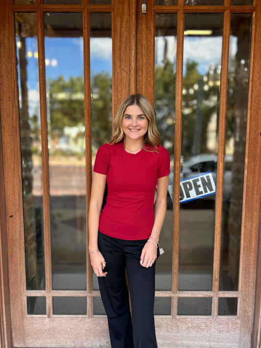 Athleisure | Essential Short-Sleeved Micro-Ribbed Athleisure Top: GARNET RED