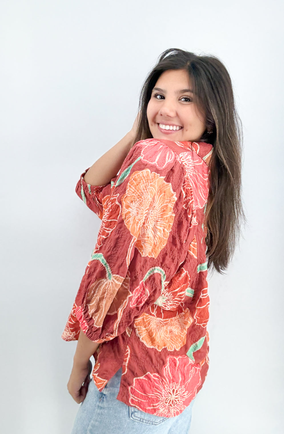 Tops | Crinkled Floral Print Blouse W Puffed Half Sleeves