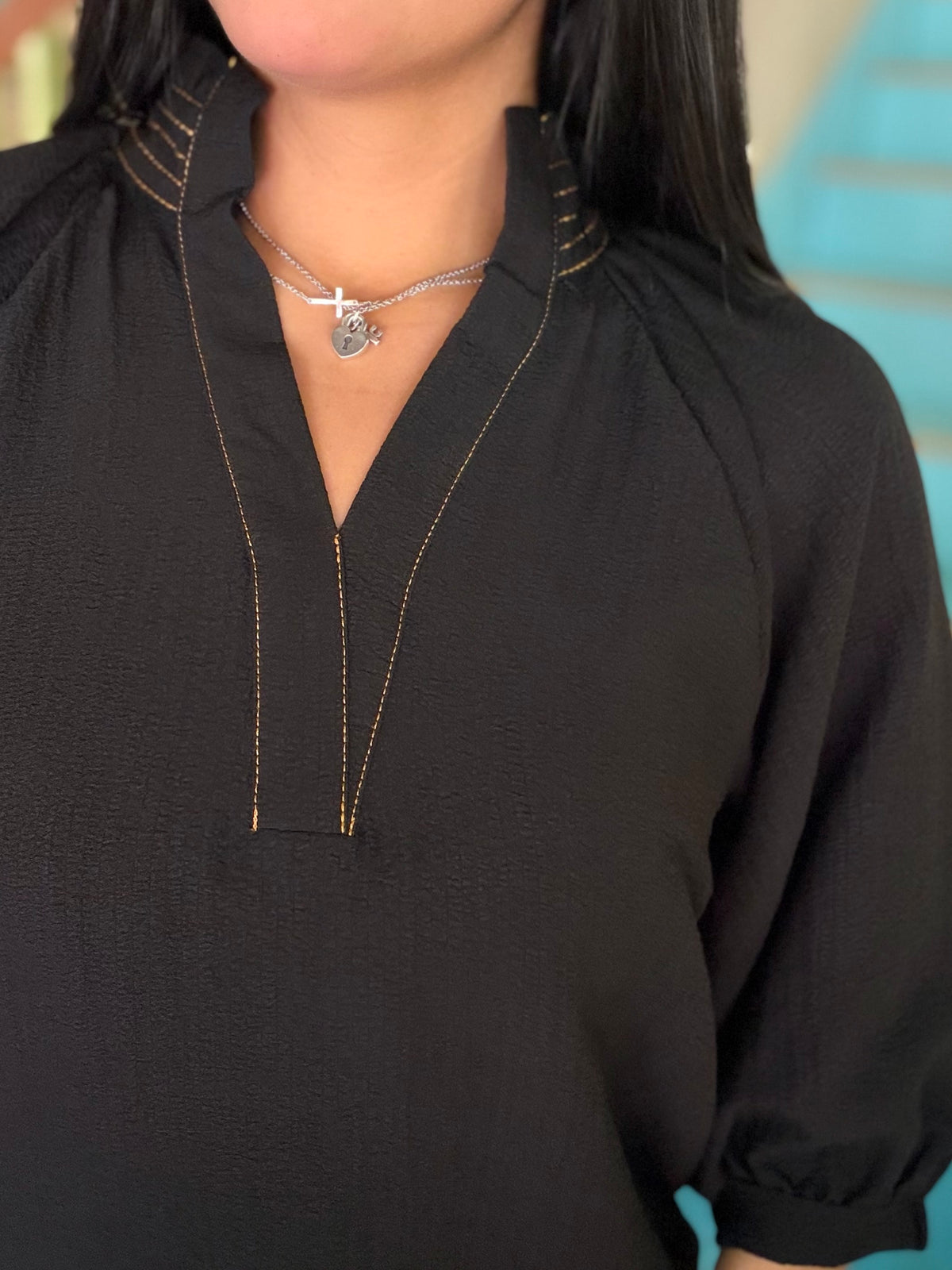 Blouse - Black Scallop Balloon Sleeve
