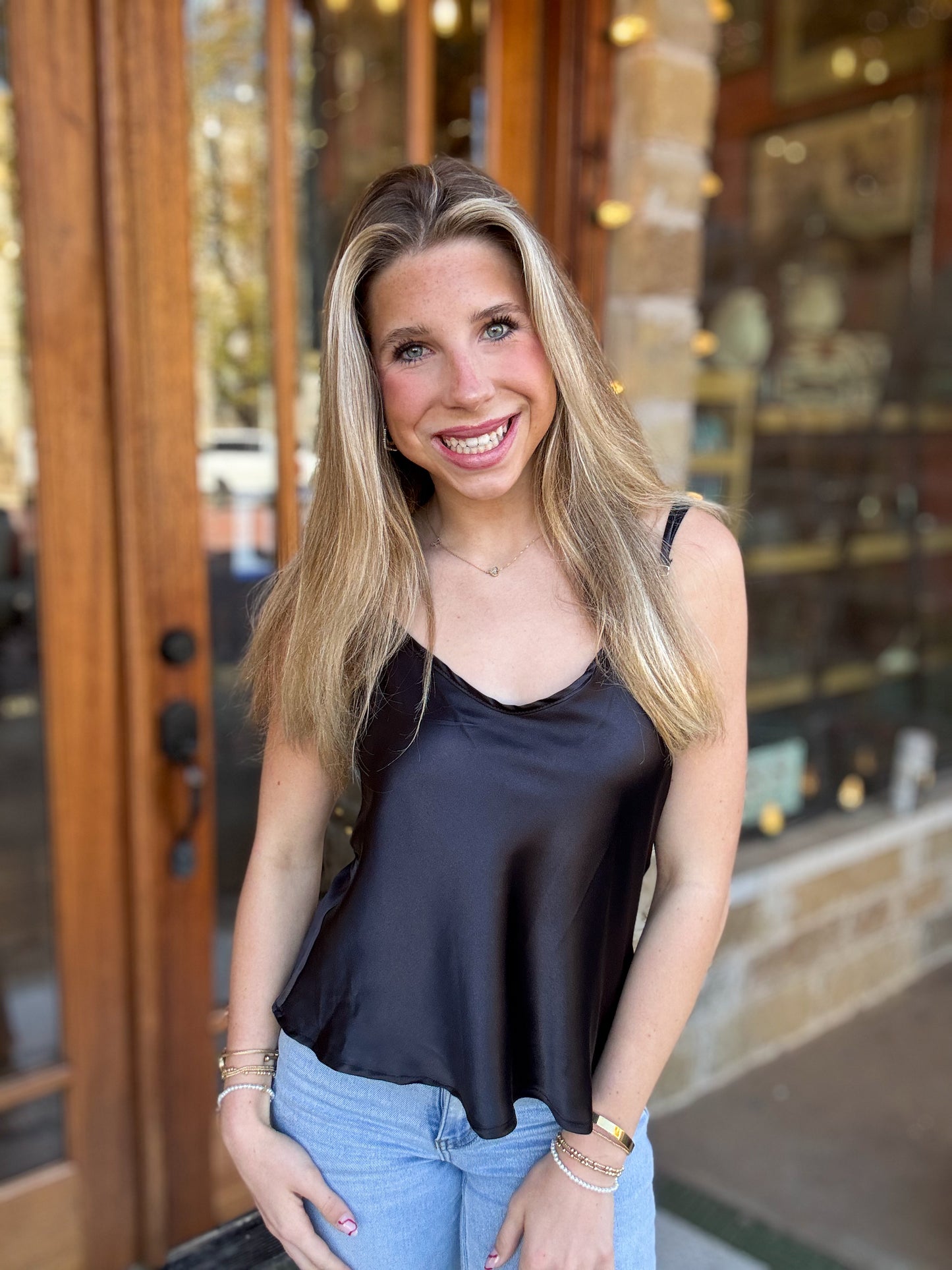 Cami Black Satin V-Neck