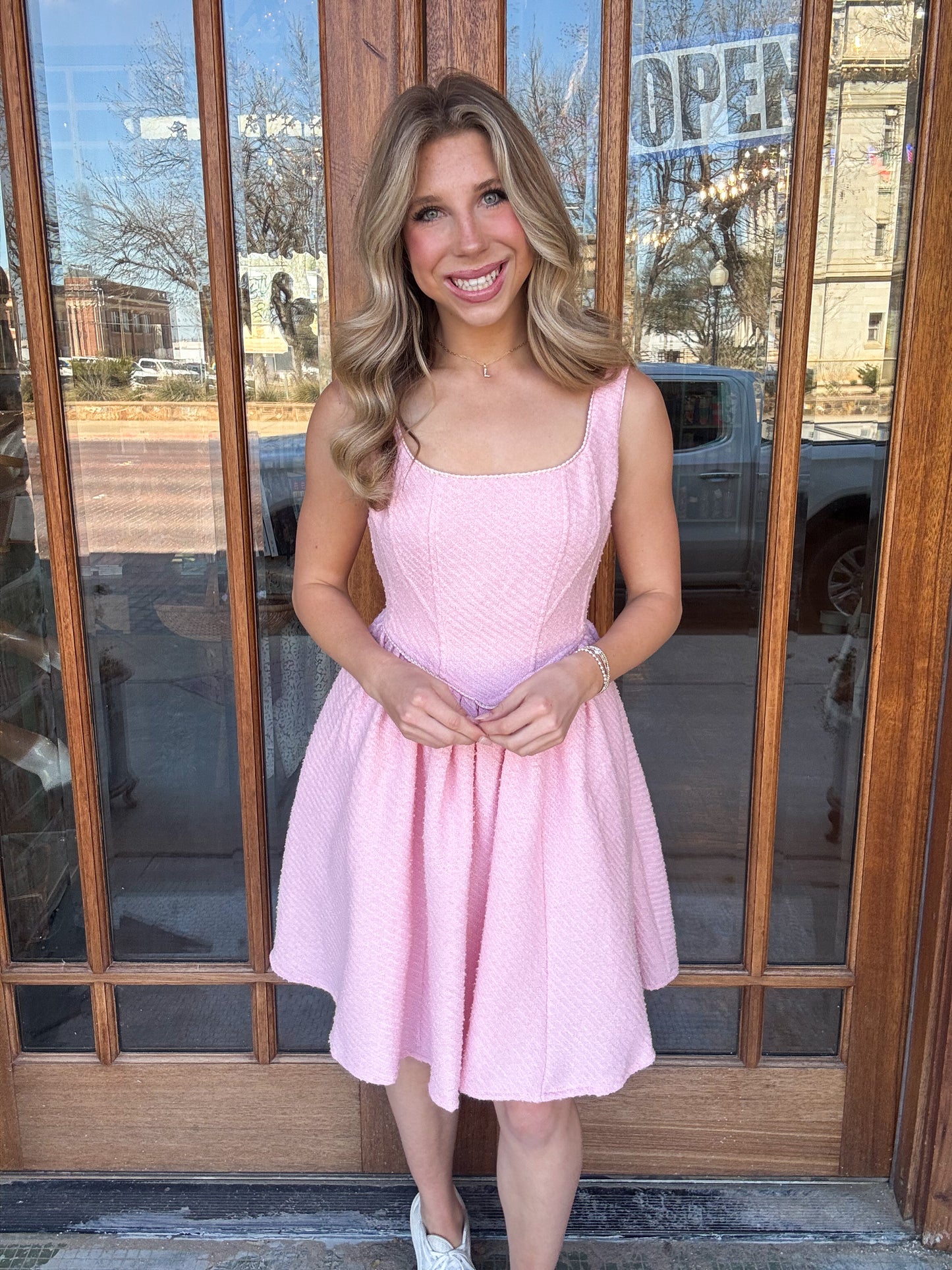 Pink Tweed Puff Mini Dress