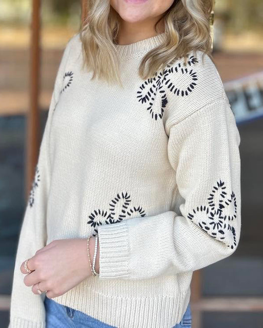 Tops | Sweater Floral Stitched Round Neck Long Sleeve