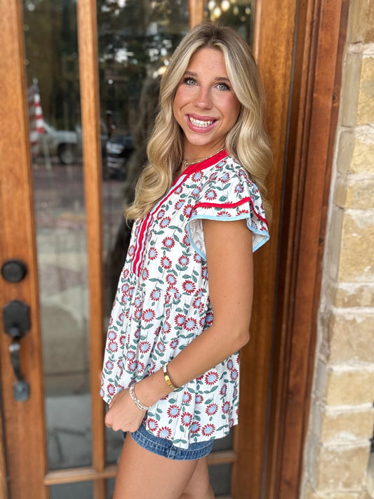 Blouse - Flower Bloom Flutter Sleeve