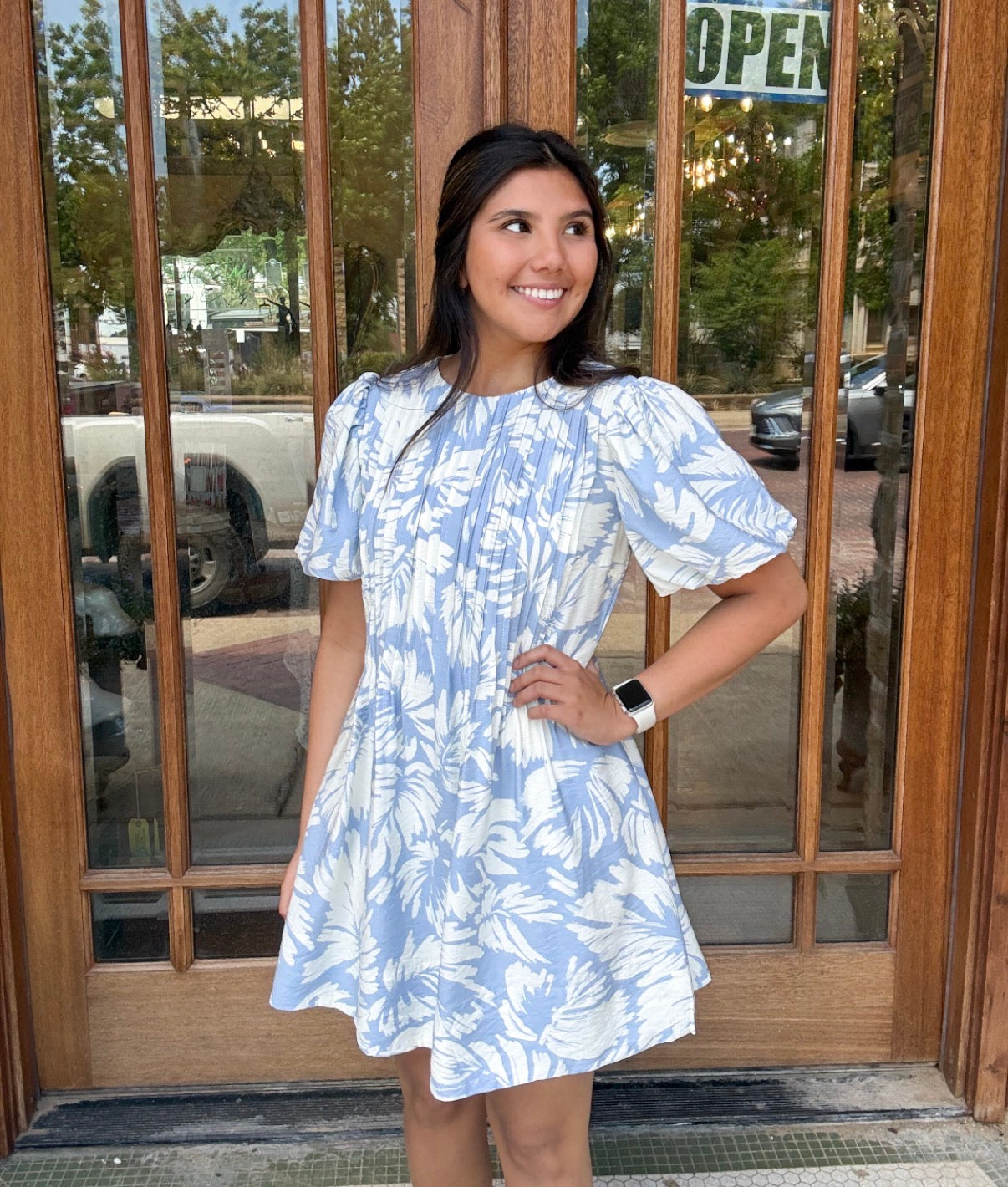 Dress - Tropical Print Puff Sleeve