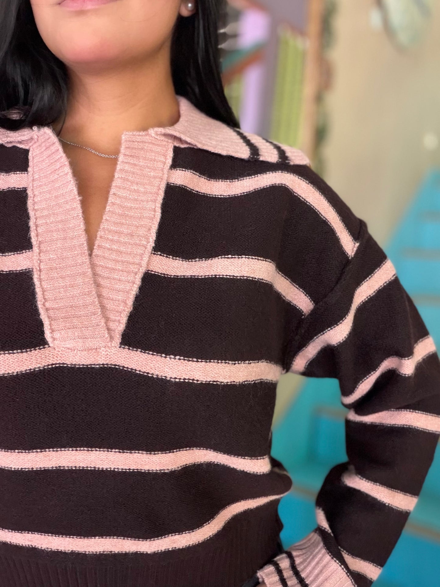 Sweater - Pink Stripe Collared Knit