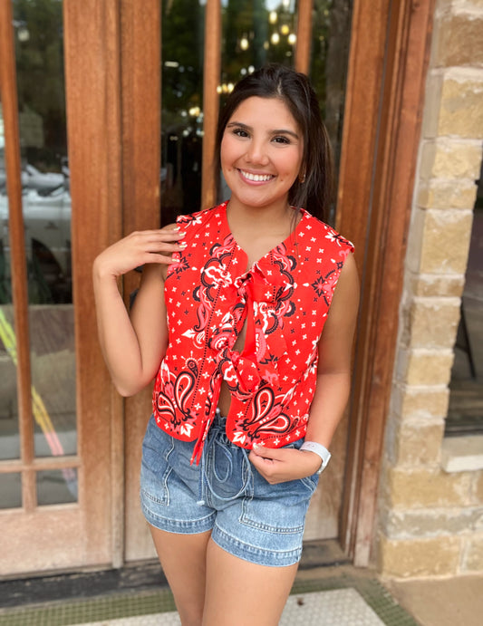 Tops | Blouse Tomato Red Paisley Printed Tie Front Vest