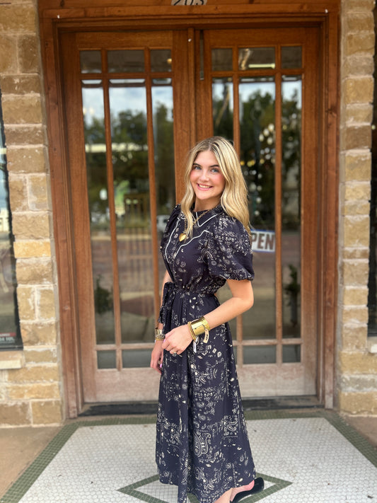 Dress | Midi Navy Paisley Print Button Front Contrast Piping in Top