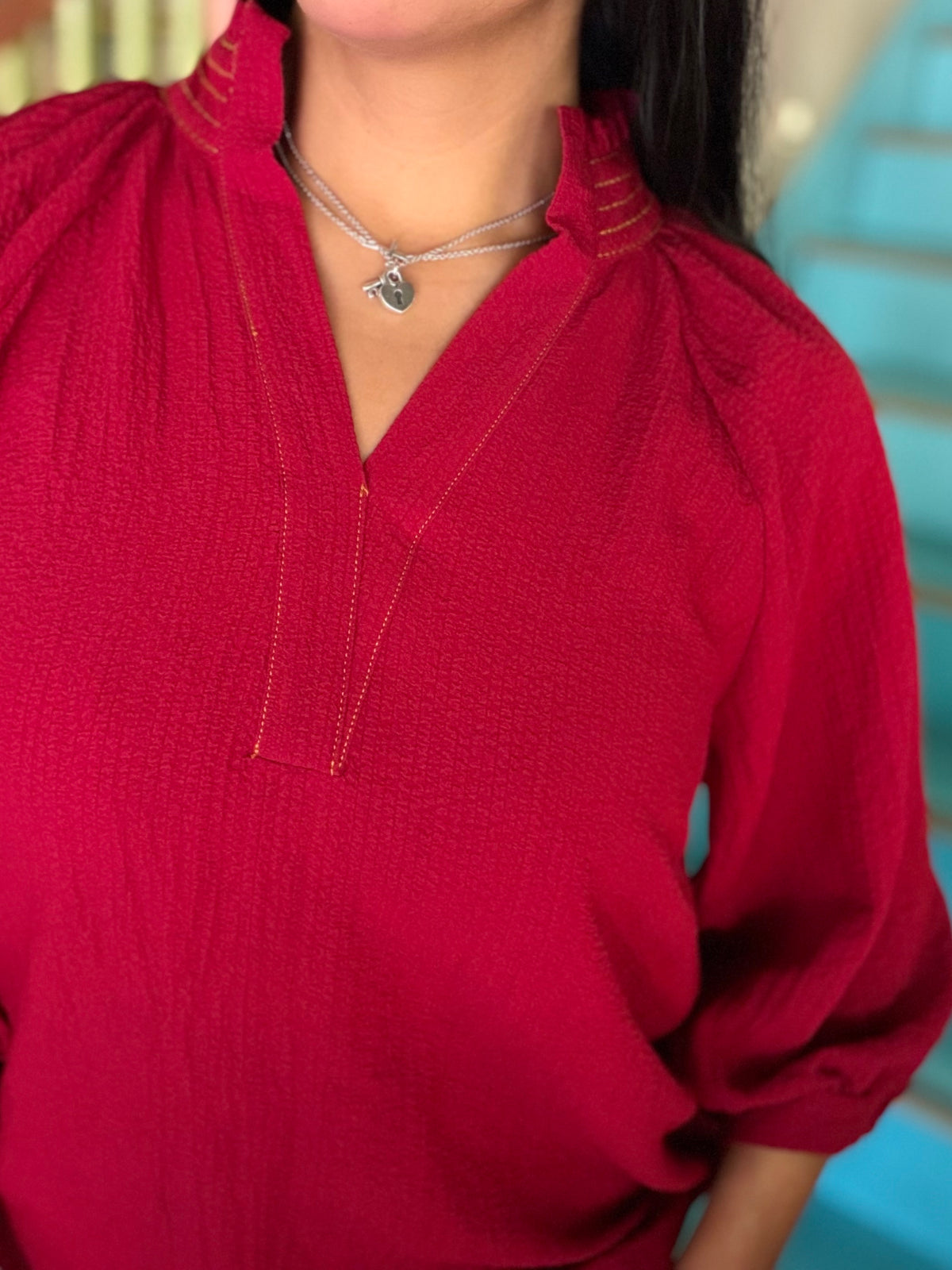 Blouse - Wine Scallop Balloon Sleeve