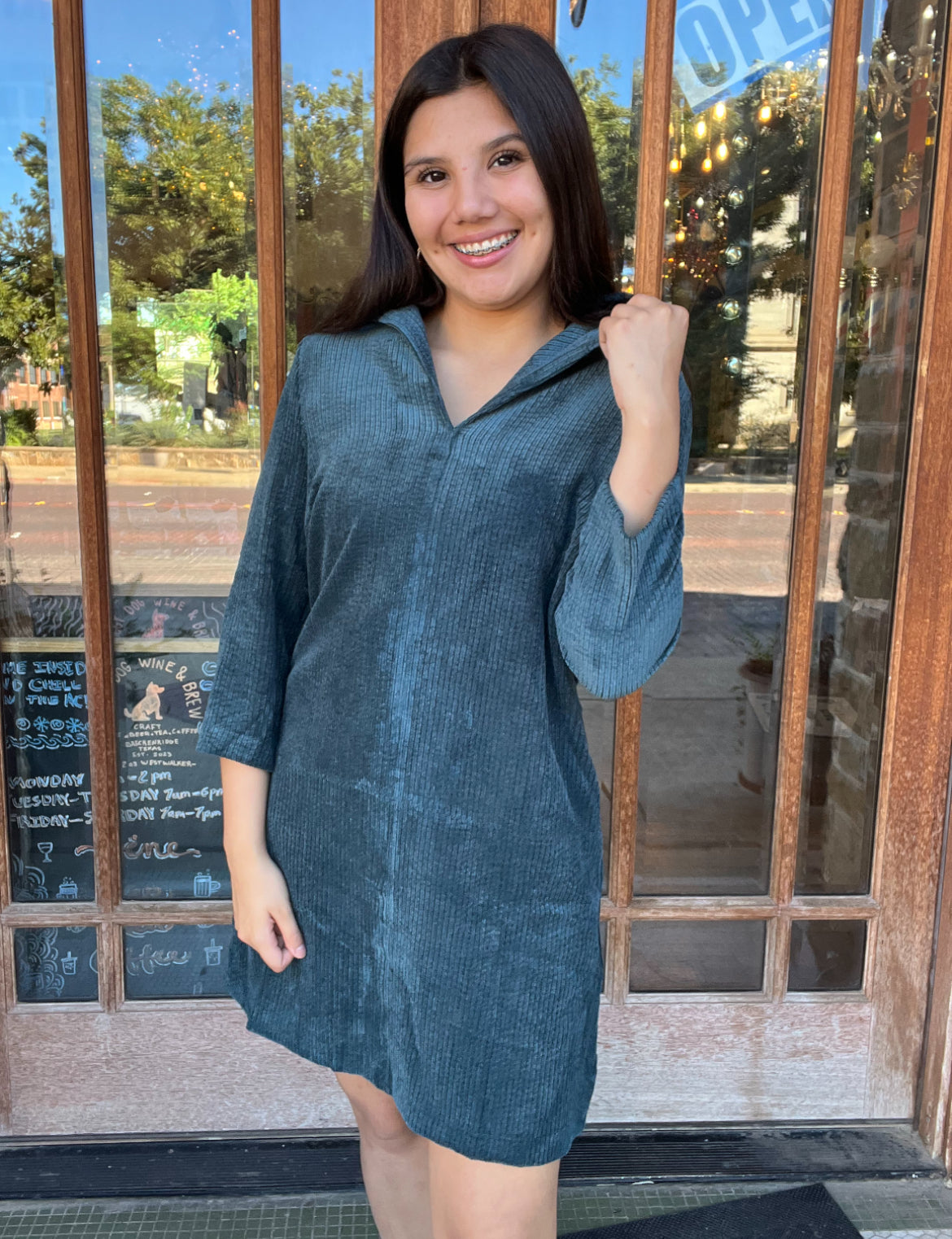 Dress | THML Teal Corduroy Dress Long Sleeve Side Pockets Above the Knee