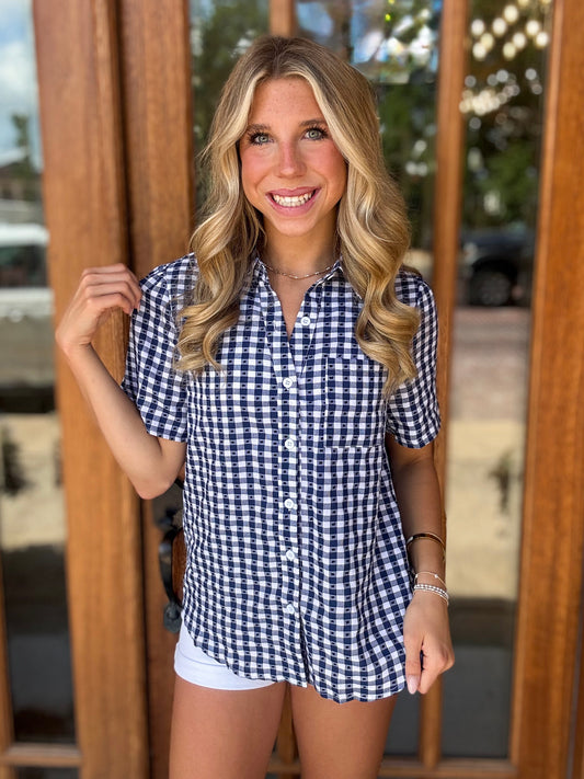 Blouse - Blue Gingham Button Down