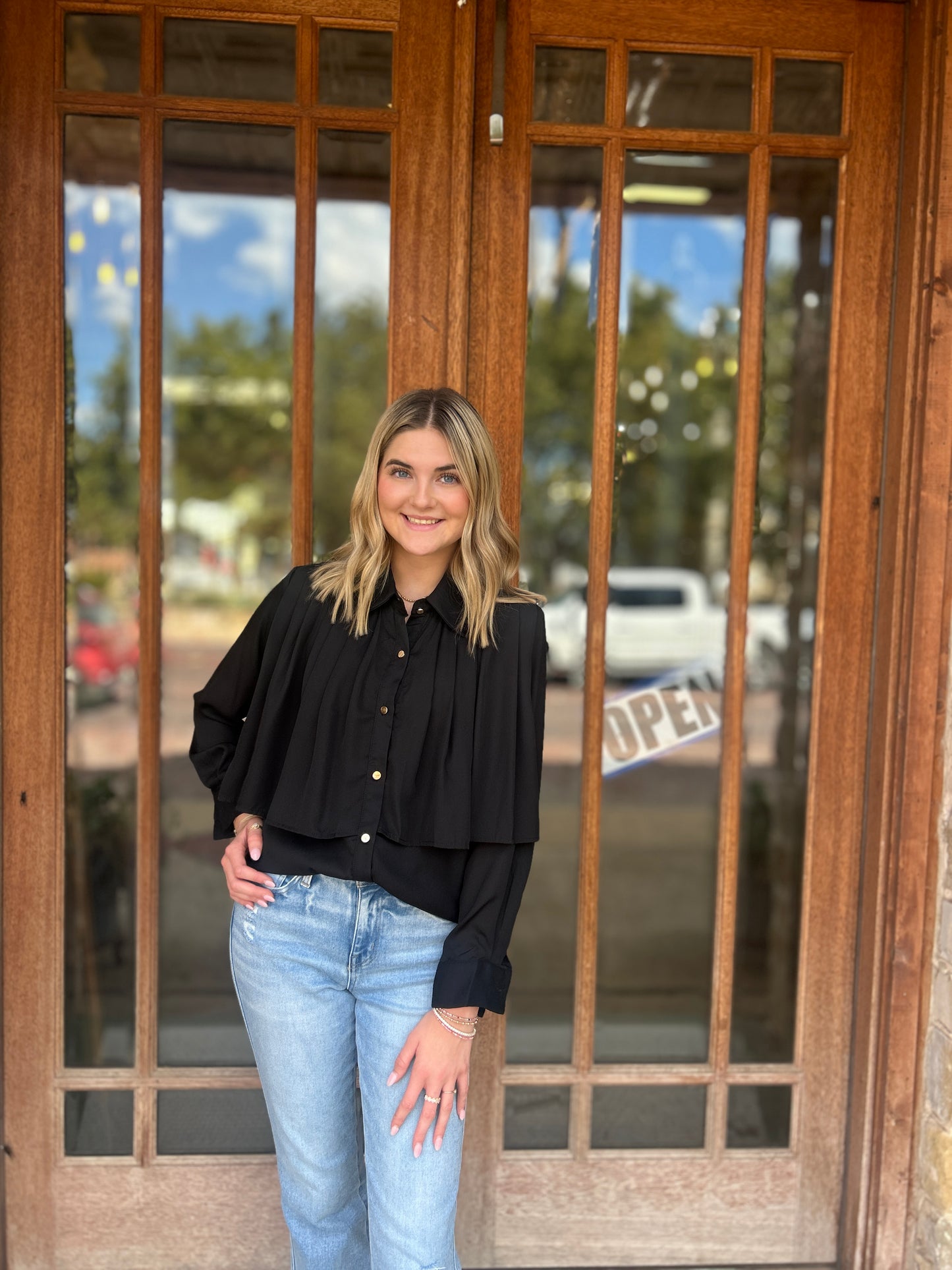 Tops | Blouse Black Loose Pleated Split Joint Lapel Long Sleeve