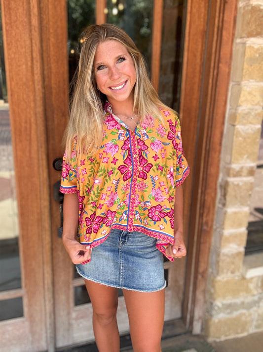 Tops | Blouse Floral Border Scarf Hem