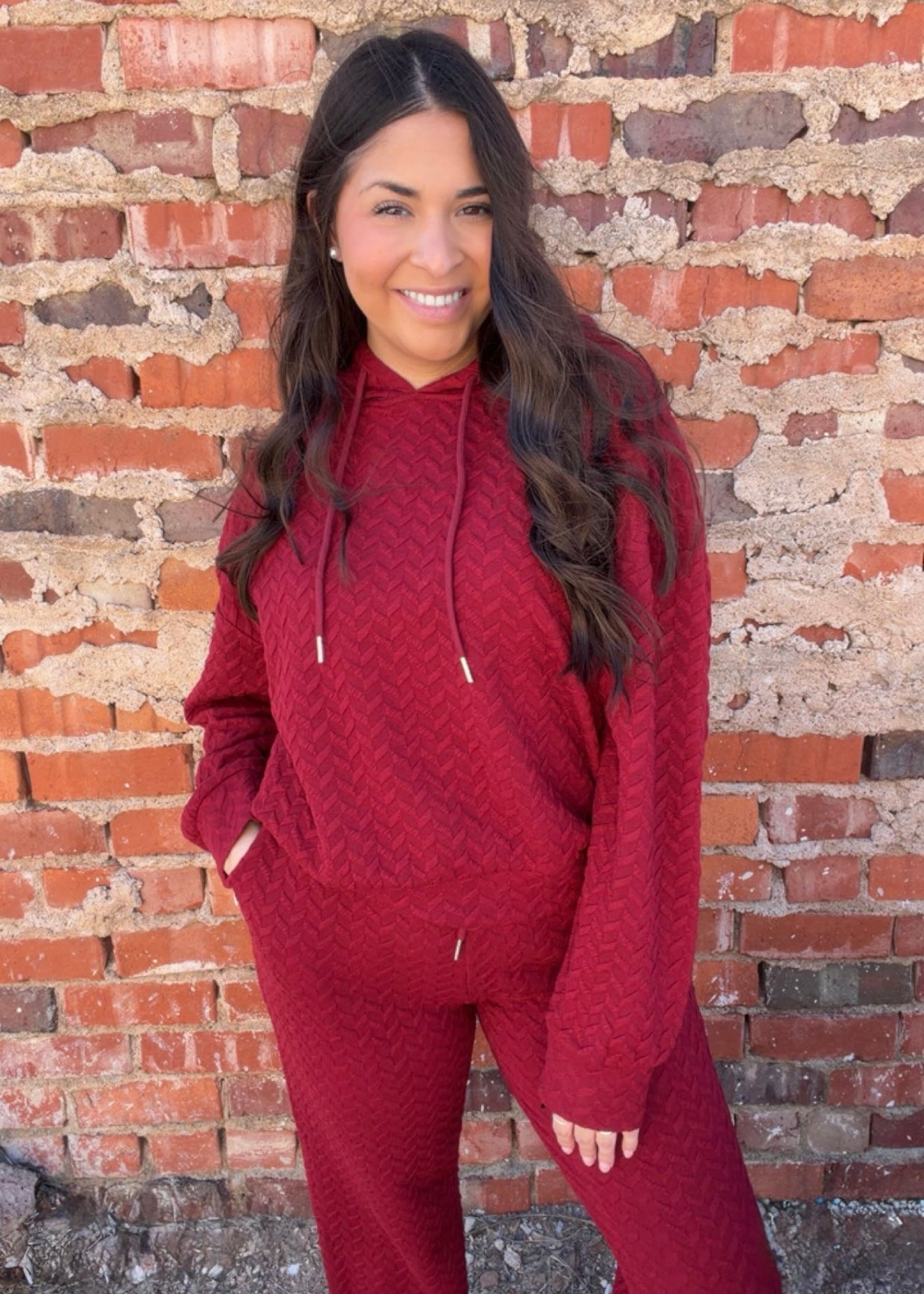 Sets | Sweatshirt & Pants Red Textured Jacquard Hoodied