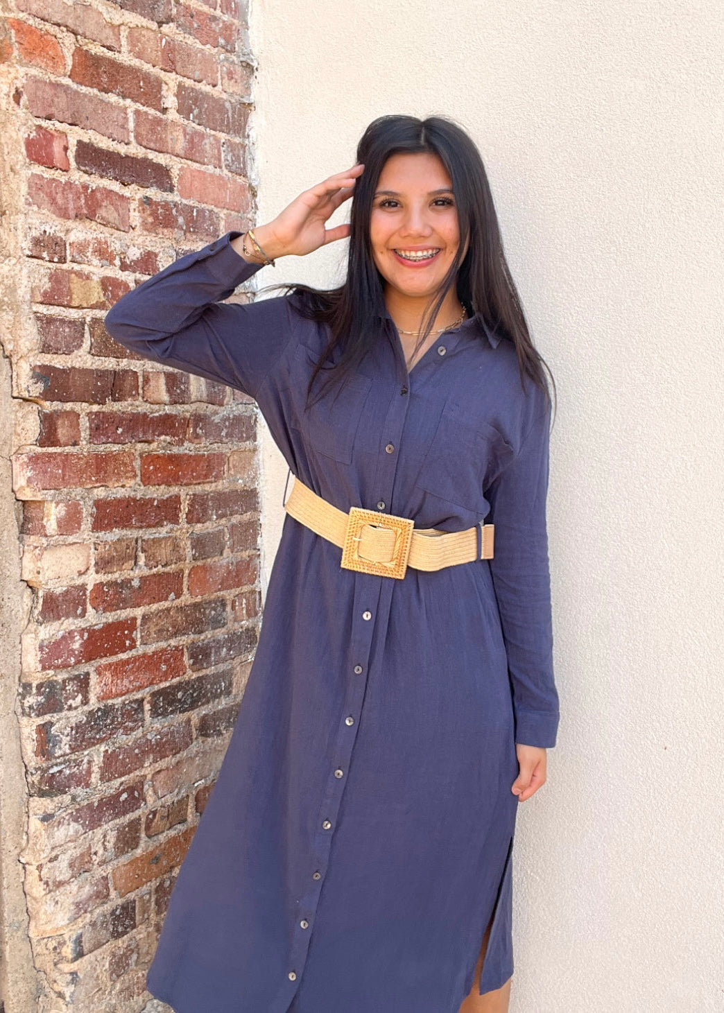 Dress | Navy Midi Length Long Sleeve Button Down With Belt