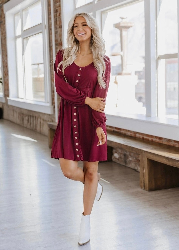 Dresses | Maroon Above Knee Button Up Ruched Waist  Scoop Neck Long Sleeves Knit