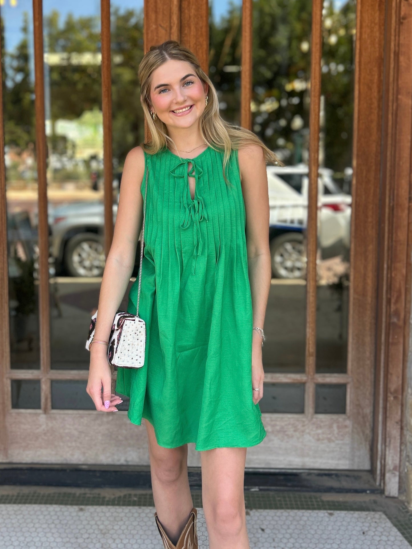 Dress | Mini Pintuck Tie Emerald