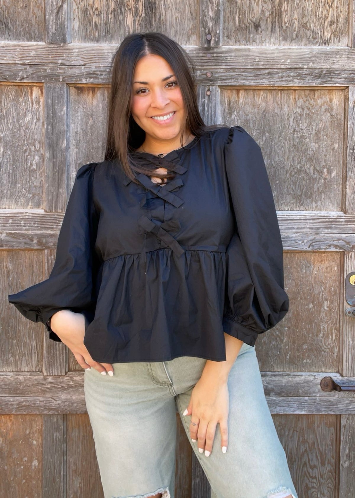 Top | Jodifl Blouse Black Bow Ties Peplum Waist