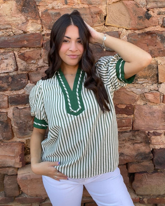 Tops | Blouse Hunter Green Striped V Neck Puff Sleeve