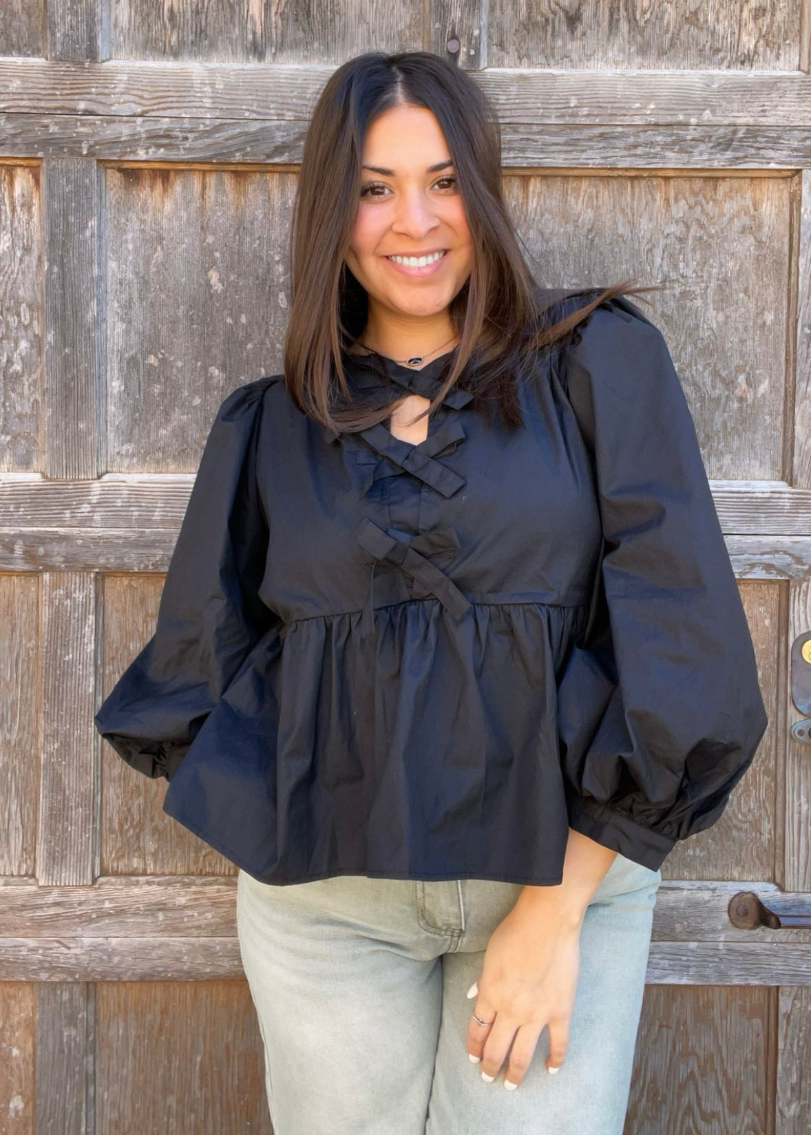 Top | Jodifl Blouse Black Bow Ties Peplum Waist