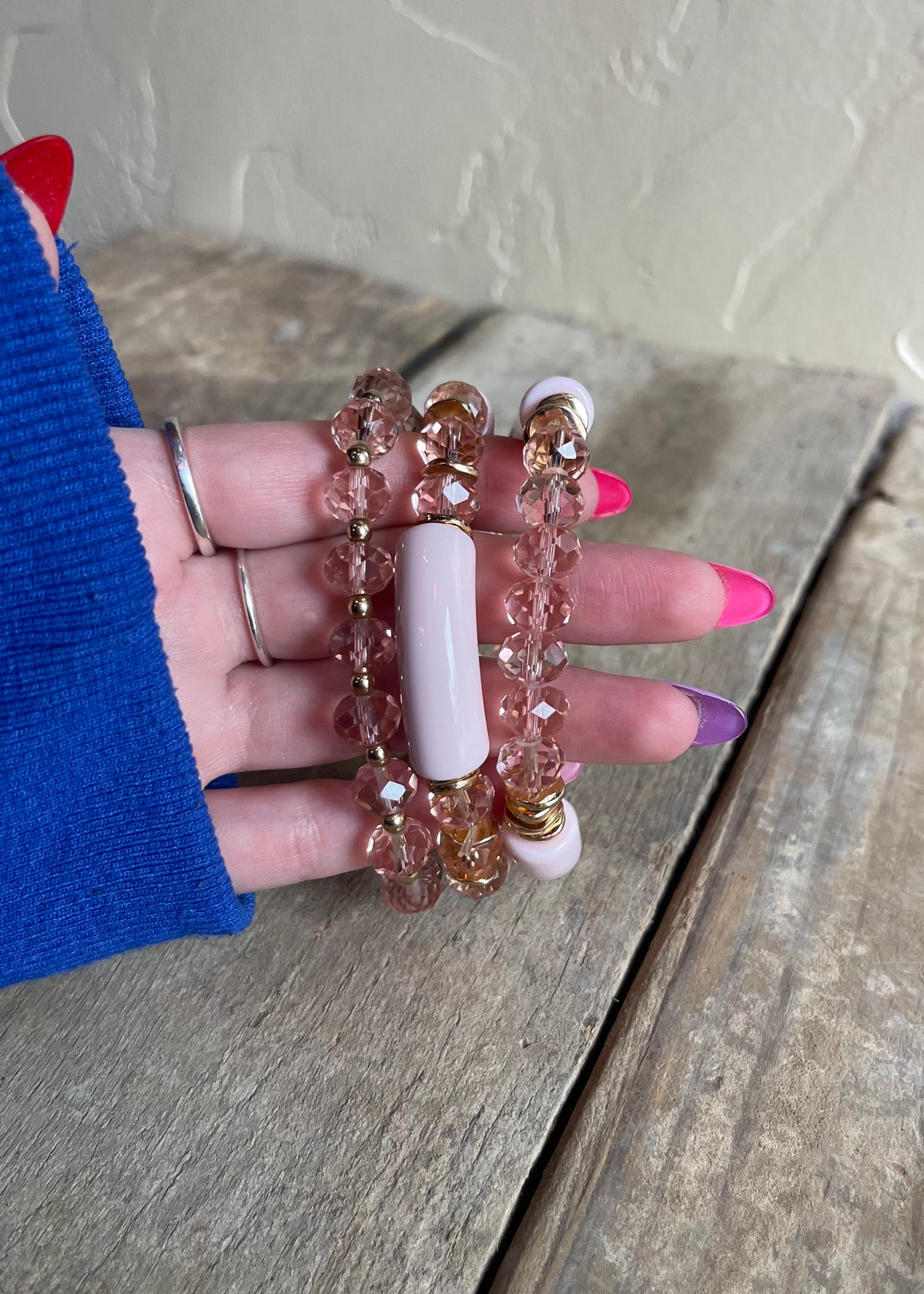 Bracelet | Pink 3 Row Glass Bead Stretch Bracelet