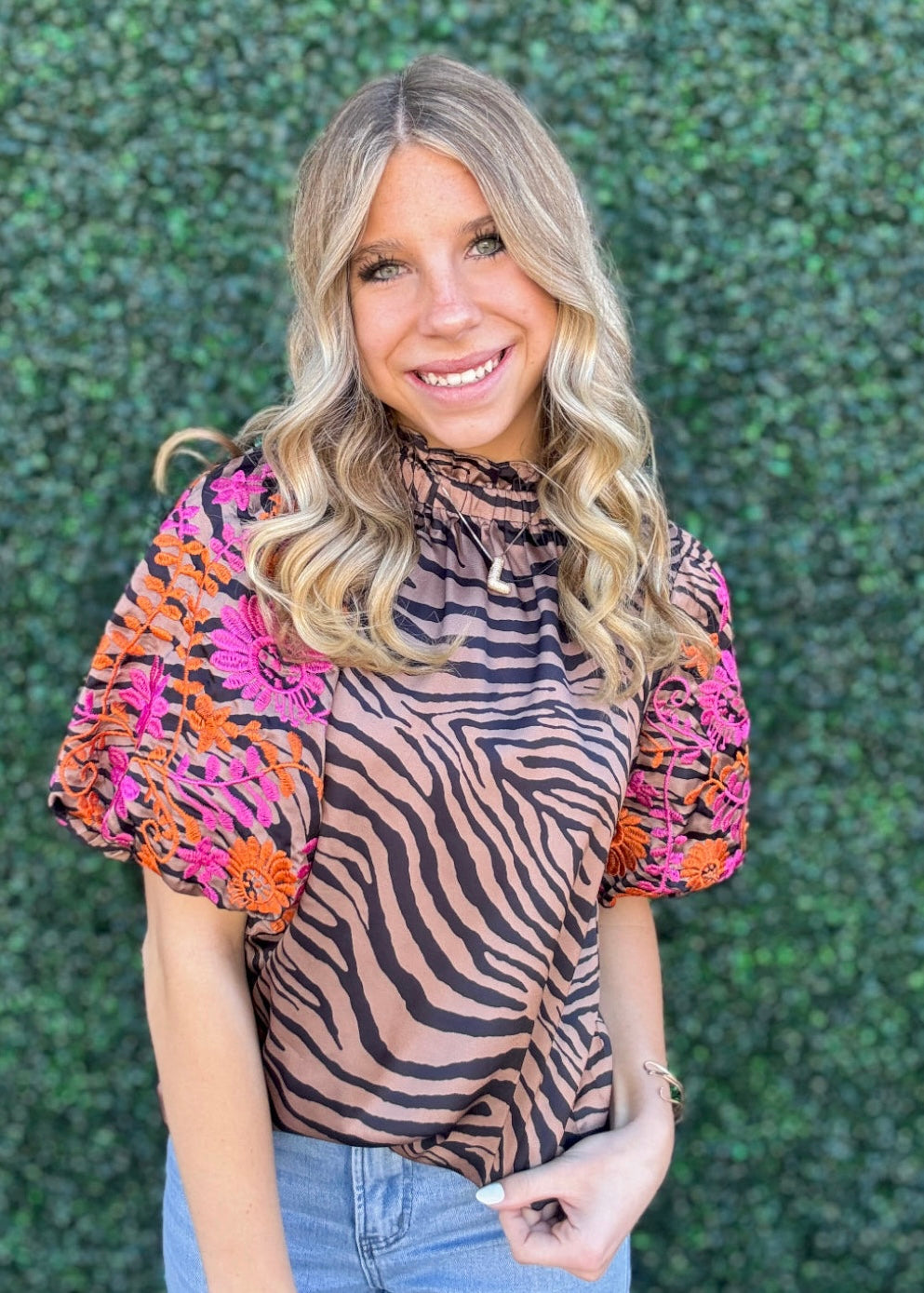 Top | THML Blouse Embroidered Puff Sleeve Animal Print