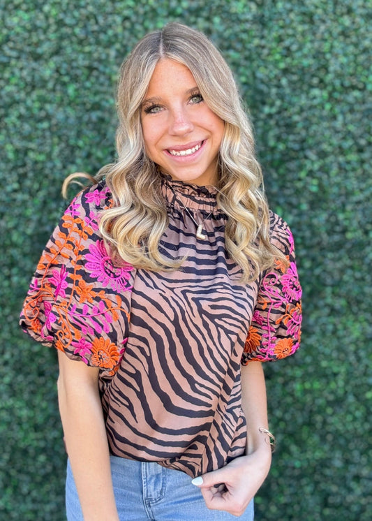 Top | THML Blouse Embroidered Puff Sleeve Animal Print
