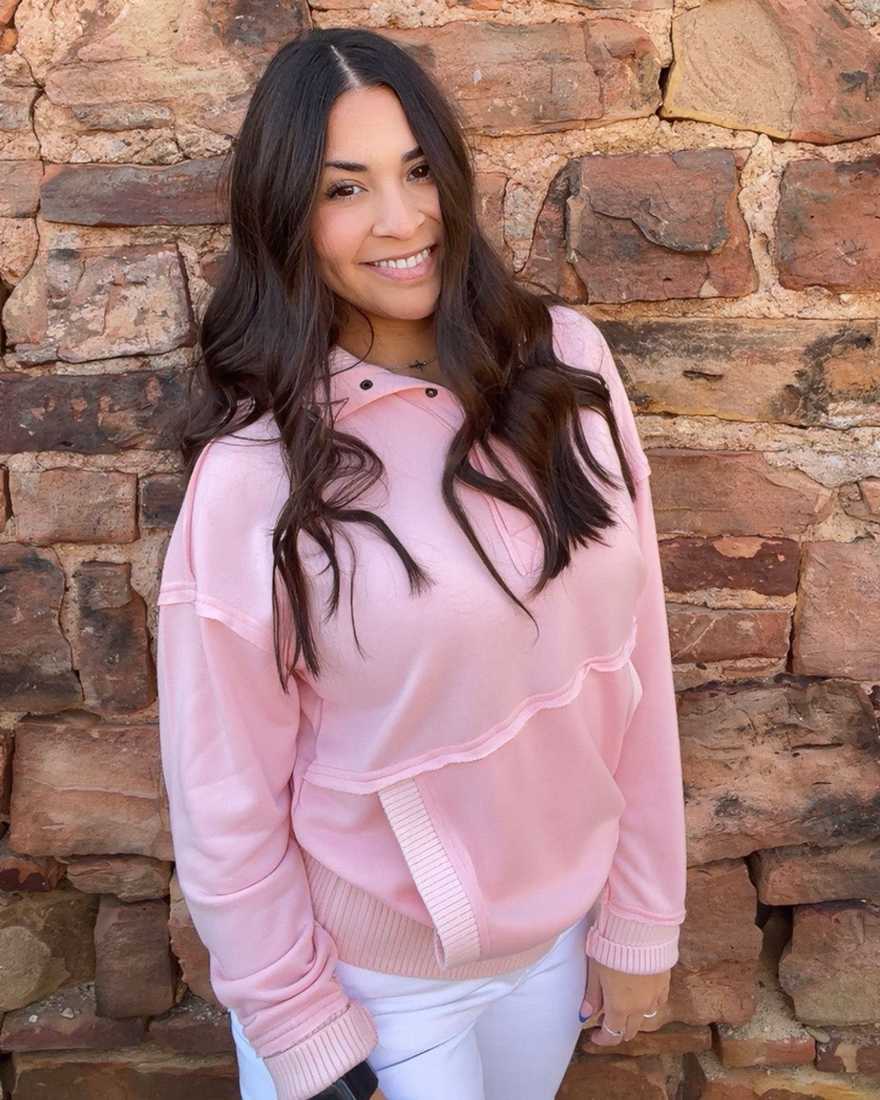 Tops | Sweatshirt Pink Exposed Seam Henley Snap